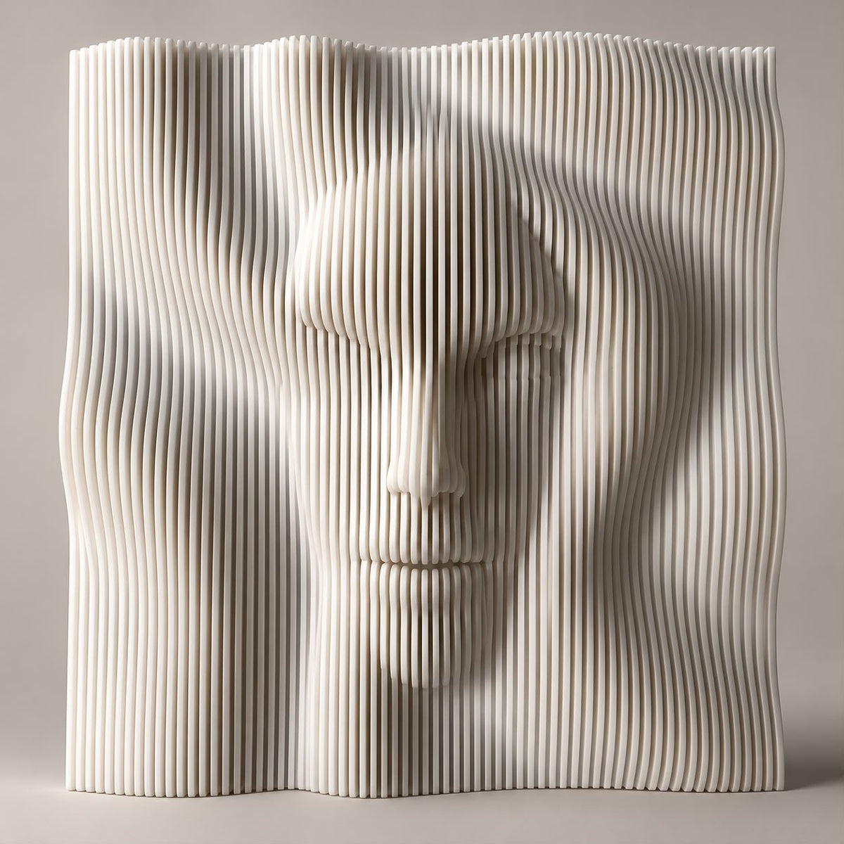 La Cara 01 parametric face wall art with flowing vertical contours in a light neutral color