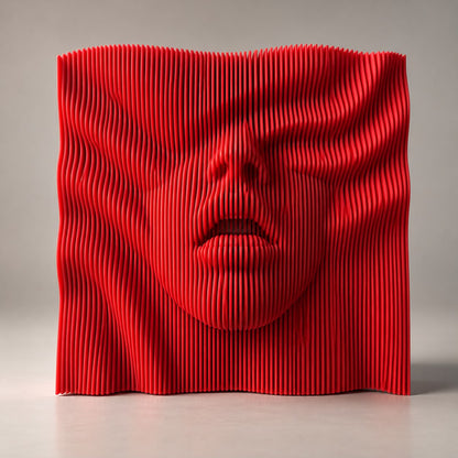 Red La Boca 02 parametric wall art with sculptural lips and a face formed by vertical contours