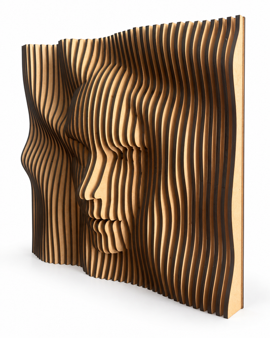 La Cara 01 20 × 20-inch engineered wood face relief in a natural tan color, shown from an angle